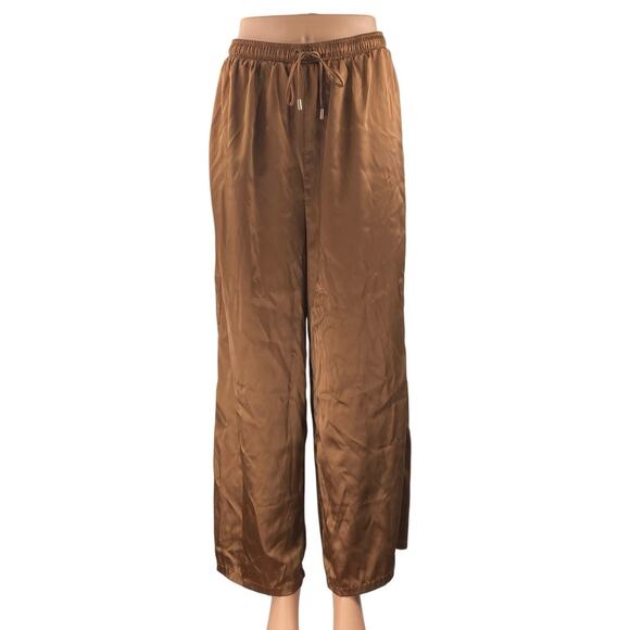 AFRM Womens Brown Silky Satin Elastic Waist Drawstring Wide Leg Trousers Pants M - Picture 1 of 5